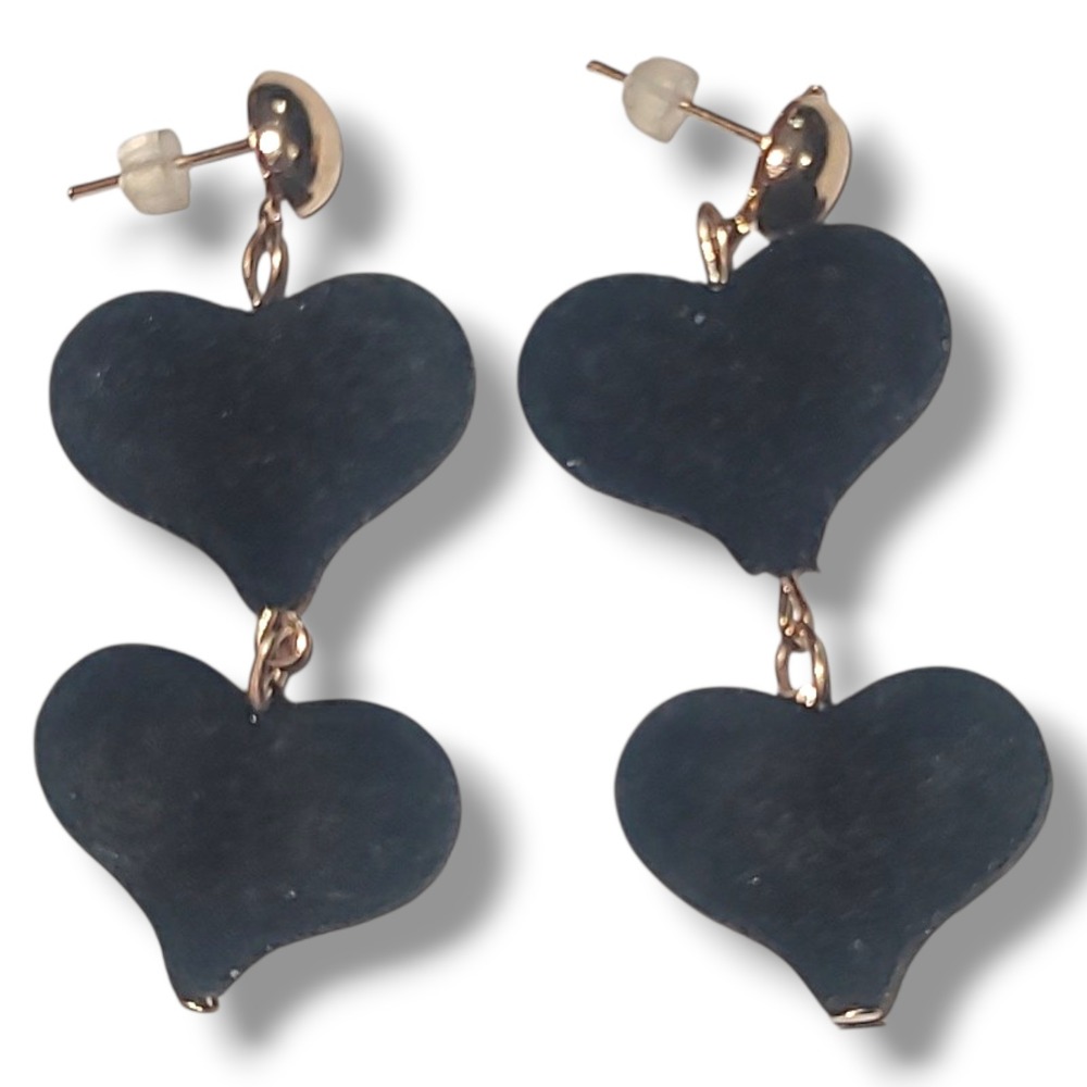 Vintage Black Velvet‎ Puffy Heart Dangle Earrings Gold Tone Stud